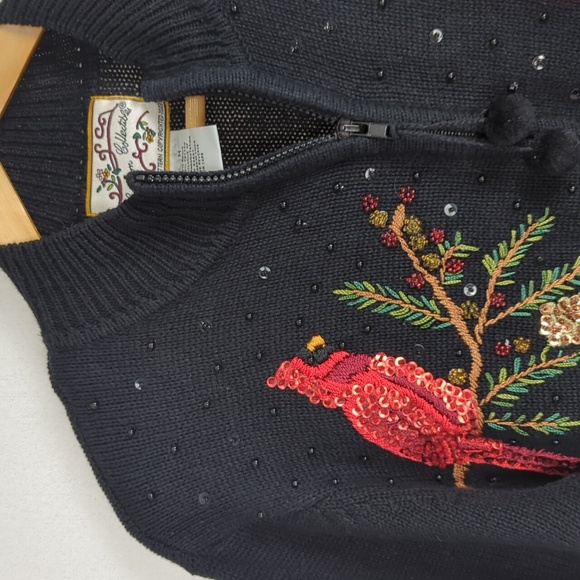 HEIRLOOM COLLECTION Women's Sequined Cardinal Black Zip Up Sweater - Picture 3 of 4